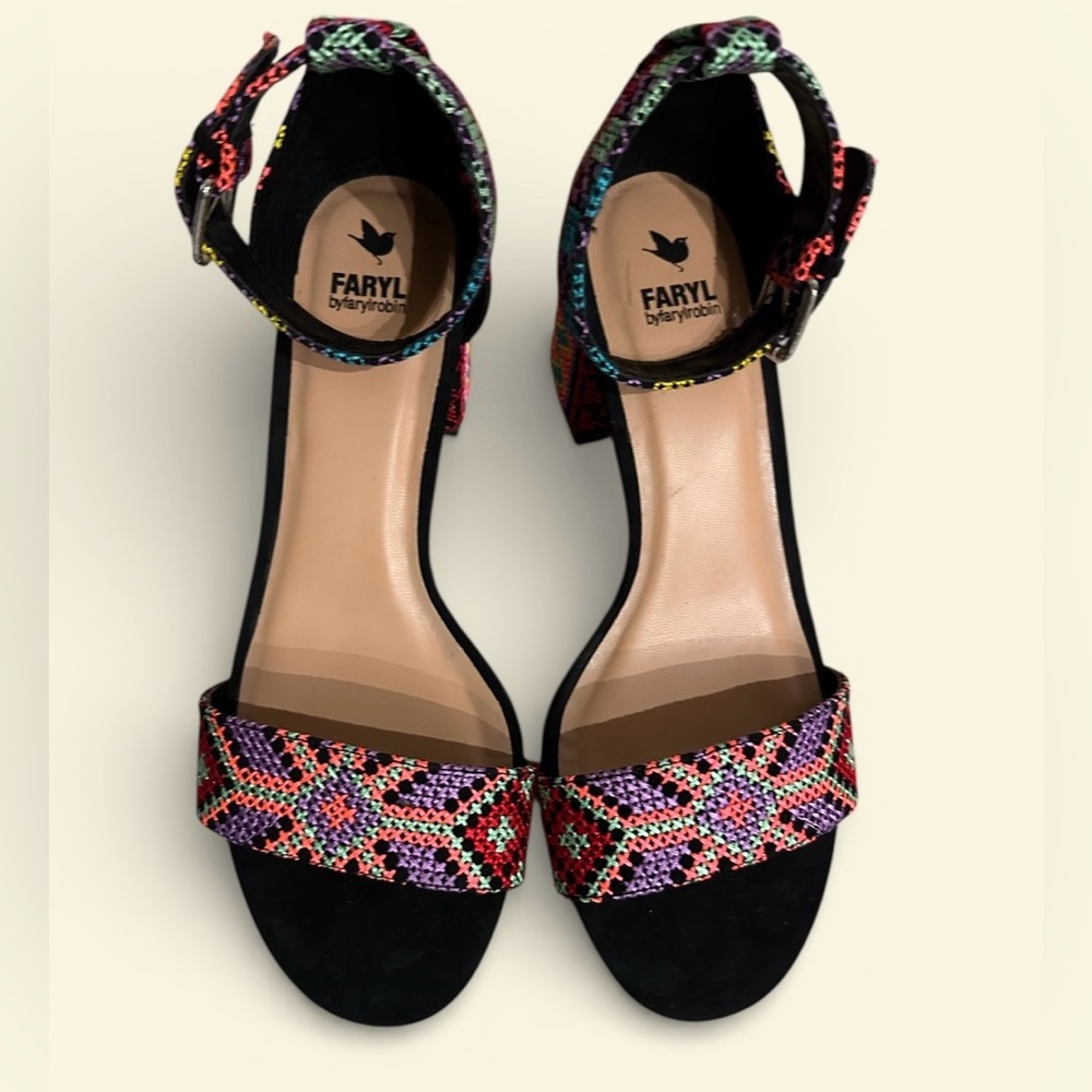 Faryl by Farylrobin Dune Neon Mix Block Heel Ankle Strap Embroidered Sandals 8